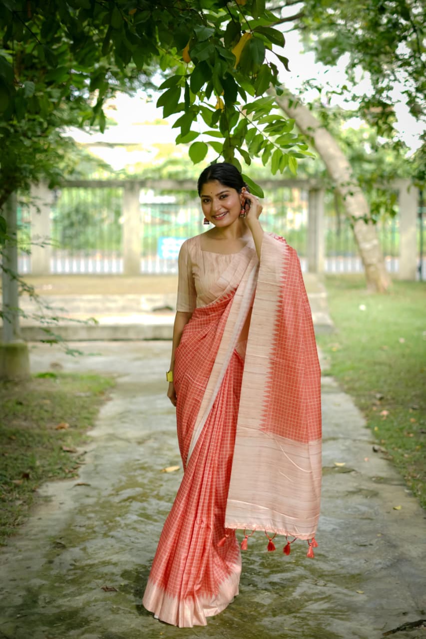Premium Soft Tussar Silk Kantha Border Saree with Checks Printed Pattern